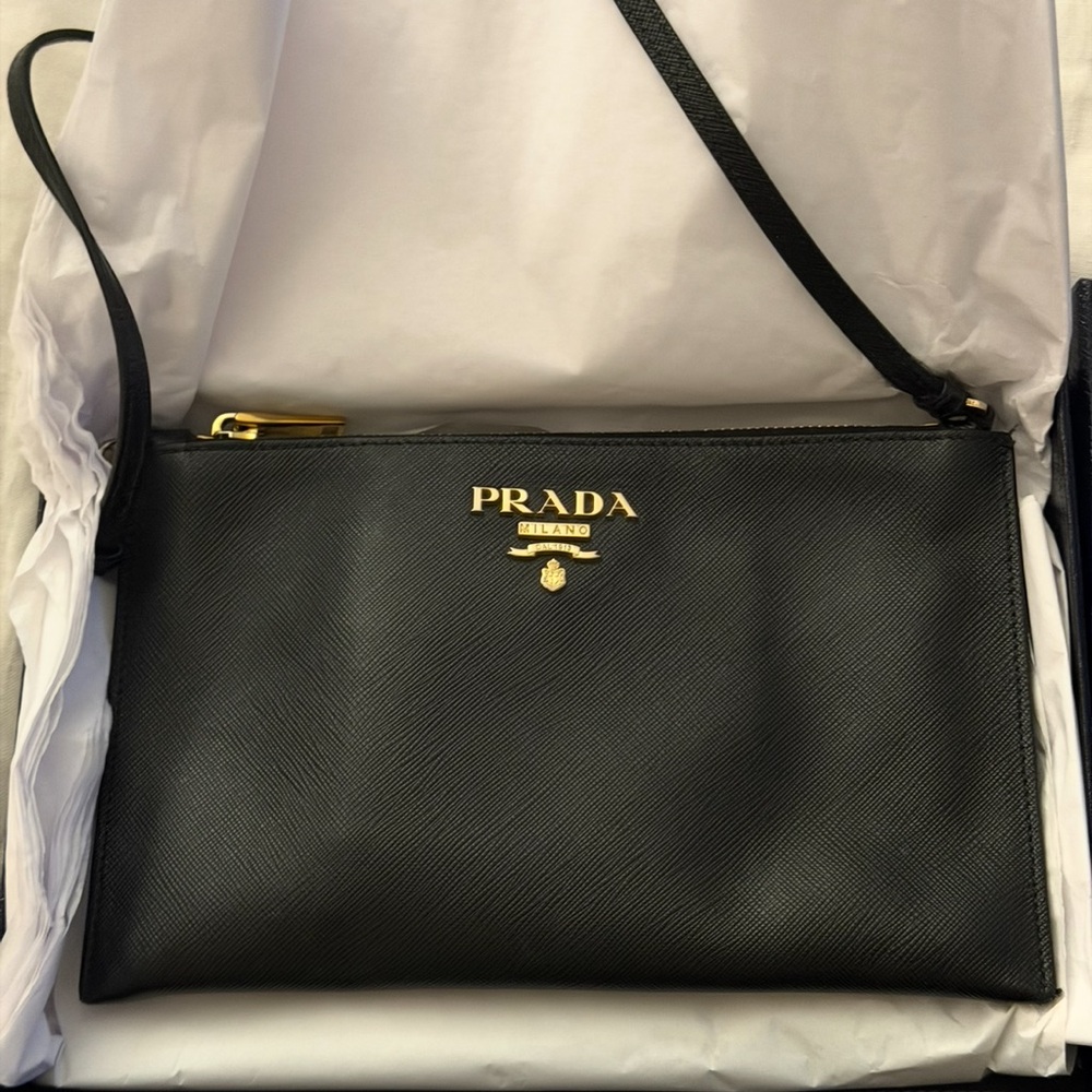 Prada Black Saffiano Leather Shoulder Pouch with Gold Logo